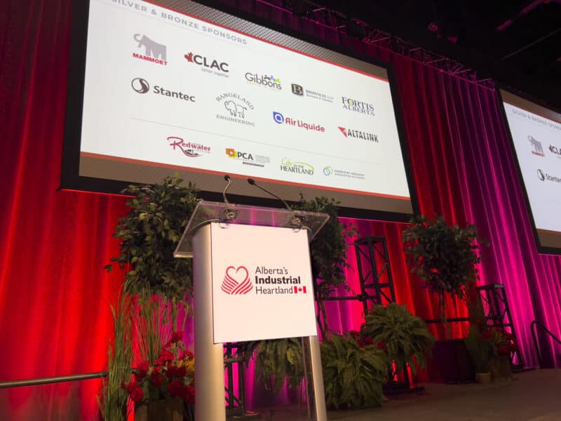 A close up of the podium on stage at the 2022 Alberta's Industrial Heartland Annual Stakeholder Event