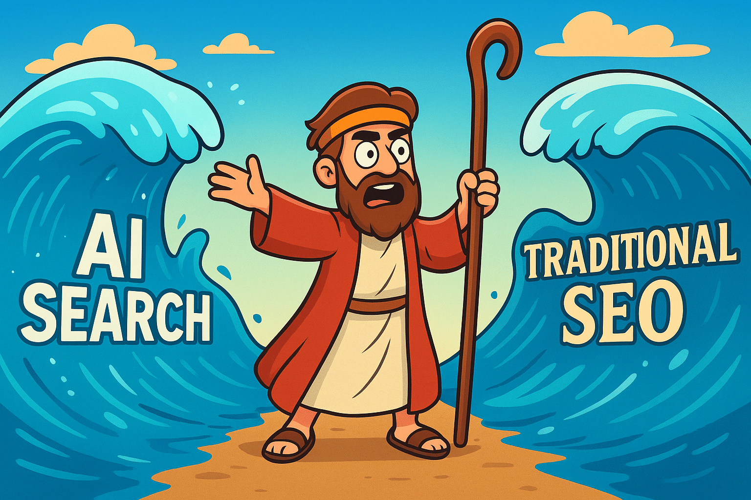 A cartoon-style illustration of a Moses-like character standing on dry ground, holding a staff and parting two giant waves. The left wave is labeled “AI Search” in bold, futuristic letters, and the right wave is labeled “Traditional SEO” in classic font. The image symbolizes the divide between AI-powered search and traditional SEO approaches, using bright colors and a humorous tone.